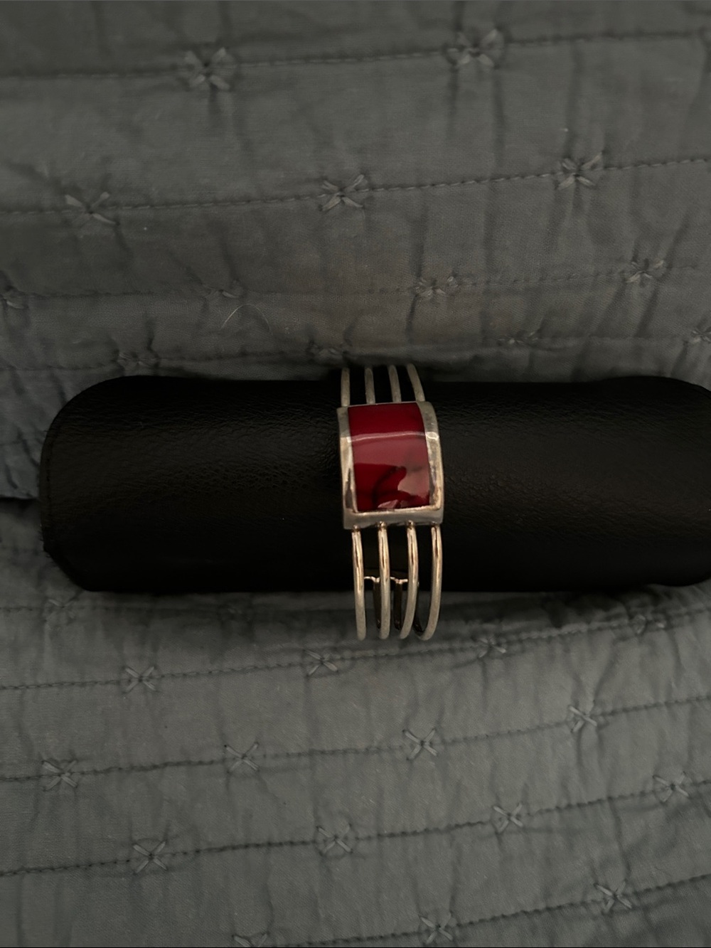 Mexican Sterling Silver Multi-Band Bracelet with Red Inlay